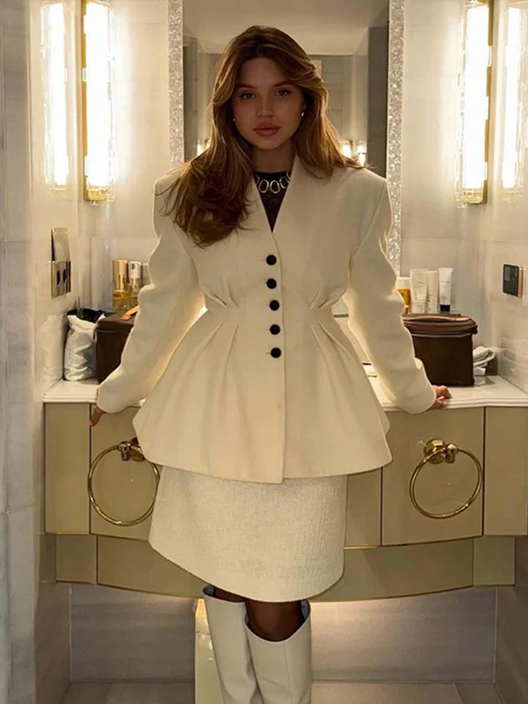 Elegant V-neck Slim Fit Jackets Women Vintage Solid Single Breasted Long Sleeve Coats Female Autumn Spring Chic Street Outwear