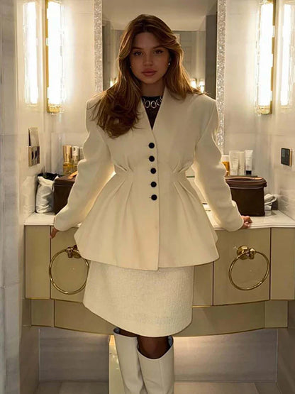 Elegant V-neck Slim Fit Jackets Women Vintage Solid Single Breasted Long Sleeve Coats Female Autumn Spring Chic Street Outwear