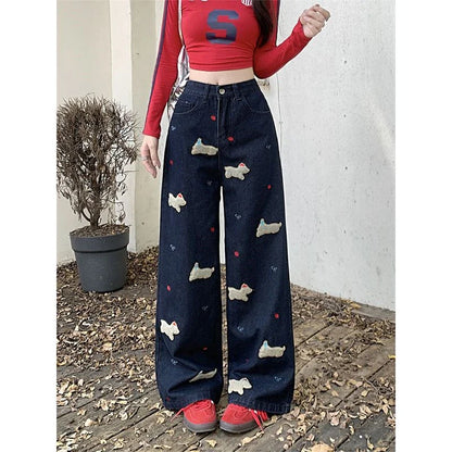 Women's Dog Embroidery Pattern Wide Leg Jeans Vintage Streetwear Cool Girl High Waist Baggy Pants Female Casual Denim Trousers