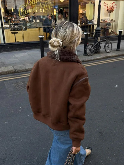 Vintage Coffee Lamb Wool Lapel Jackets For Women Chic Zipper Long Sleeved Thicken Warm Coats New Female Winter Streetwear