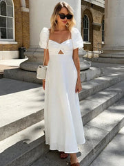 White Square Collar Puff Sleeve Long Dress For Women Slim A-Line Twist Hollow Out Cotton Elegant Dresses Autumn Fashion
