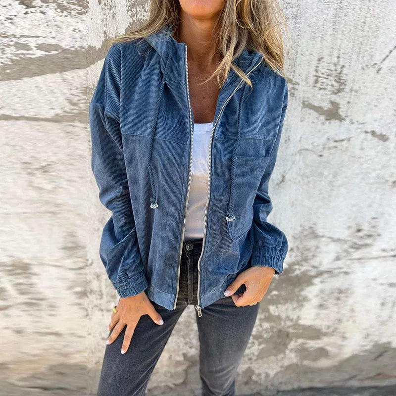 Fall Solid Ribbed Warm Corduroy Jacket Woman Casual Zip Drawstring Hooded Top Cardigan Winter Long Sleeve Loose Outerwear & Coat