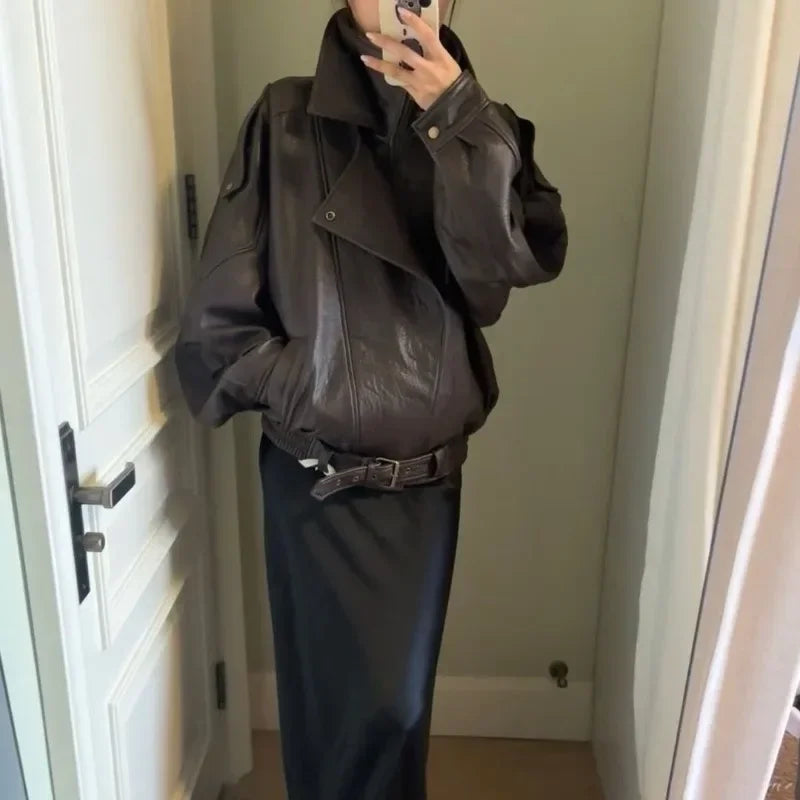 Sweet Hot Girl PU Leather Jacket Short Coat Women's Autumn Retro Turn-down Collar Loose Leather Jacket Fashion Female Clothes