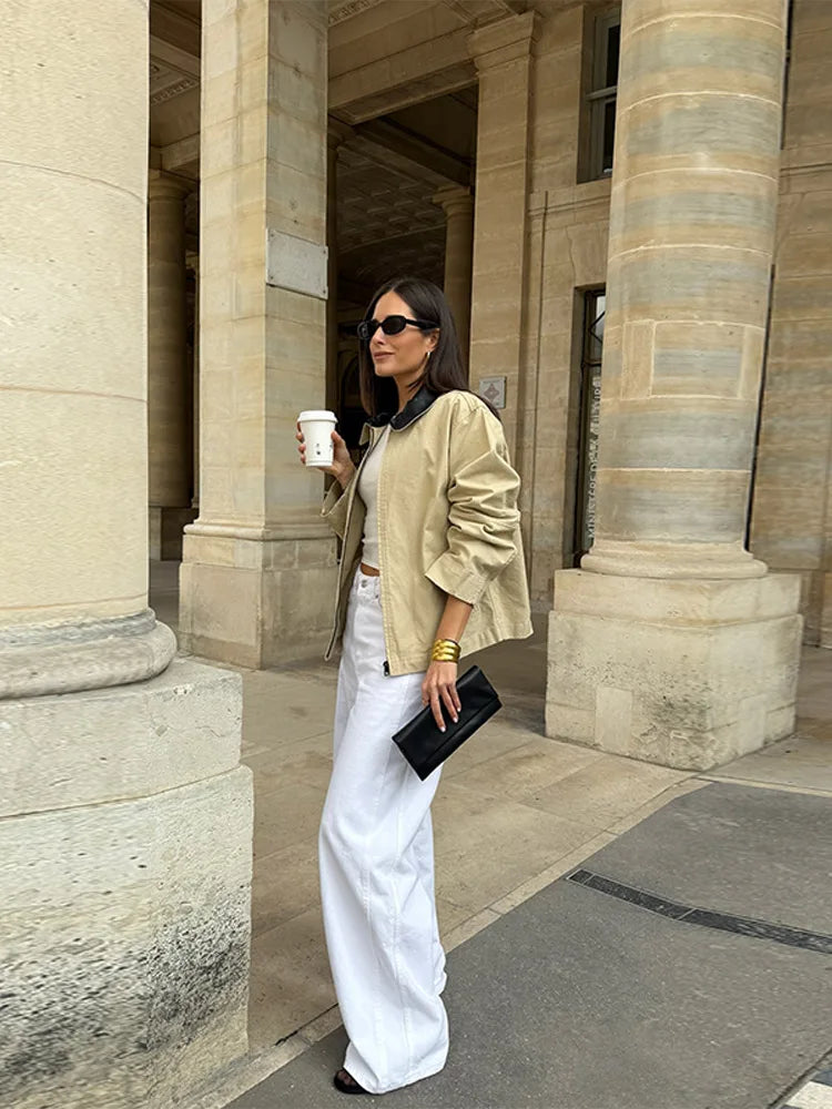 Leather Collar Cargo Jacket Coat Color Patchwork Lapel Button Zipper Pocket Workwear Outwear Loose Casual Minimalist Outwear Top