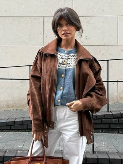 Fashion Brown Maillard Lapel Suede Leather Jackets For Women Casual Long Sleeve Zipper Pockets Coats Lady High Streetwear