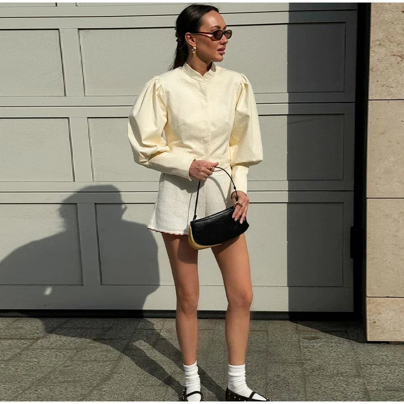 Retro Solid Stand Collar Short Shirt Women Elegant Single Breasted Puffy Sleeve Shirts Coat Lady Versatile Chic Streetwear