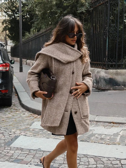 Retro Striped Scarf Collar Wool Blends Jacket Women Chic Pockets Single Breasted Full Sleeve Coat Lady New Elegant Outwear