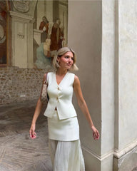 V-neck Knitted Button Sets Solid Sleeveless Vest Patchwork Pleat Gauze Skirt Suit Women 2024 New 2 Pieces Chic Outfit Streetwear