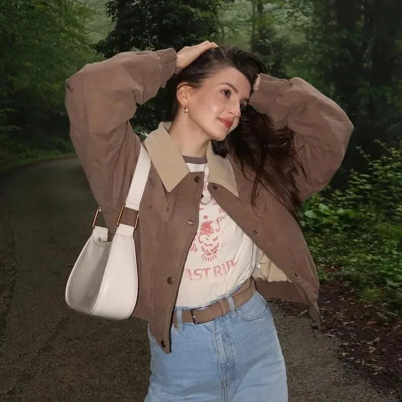 Casual Lapel Single Breasted Pocket Women's Bomber Jacket Vintage Long Sleeves Elastic Hem Loose Winter Coat 2024 Chic Outerwear