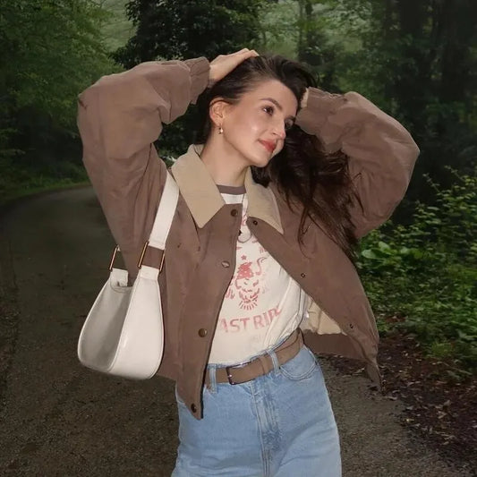 Casual Lapel Single Breasted Pocket Women's Bomber Jacket Vintage Long Sleeves Elastic Hem Loose Winter Coat 2024 Chic Outerwear