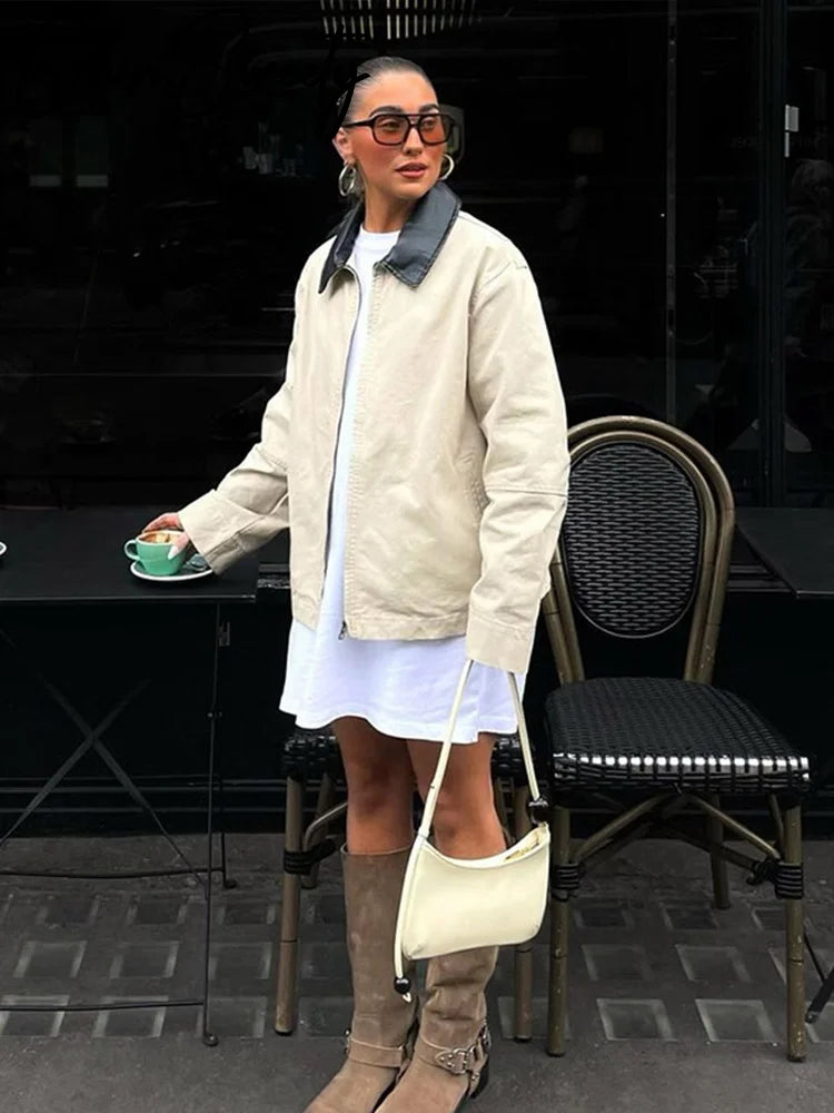 Casual Contrast Women Jacket Full Sleeve Zipper Pocket Female Patchwork Coat Vintage Urban Autumn Lady Outwear