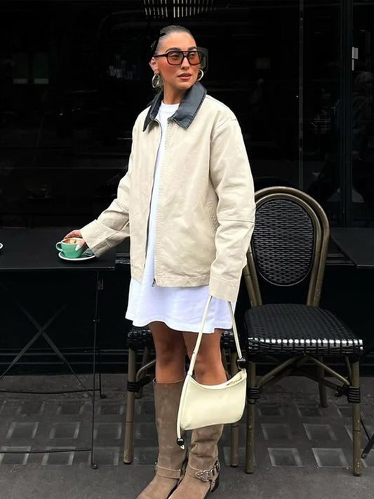 Casual Contrast Women Jacket Full Sleeve Zipper Pocket Female Patchwork Coat Vintage Urban Autumn Lady Outwear