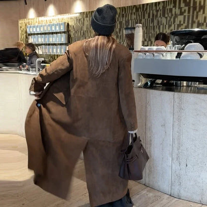 Casual Solid Long Women Streetwear Long Sleeve Turn-down Collar Double Breasted Female Coat 2025 Autumn Fashion Lady Jacket New