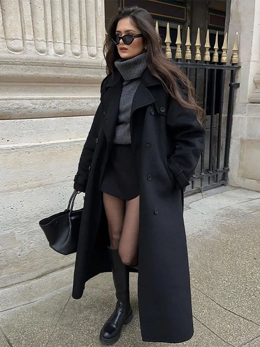 Fashion Double Breasted Women's Woolen Overcoat Elegant Lapel Long Sleeve Jacket With Belt Female New Commute Outerwear