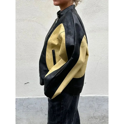 Vintage Patchwork Women's Leather Jacket Loose O-neck Long Sleeve Zipper Moto Biker Coats Autumn Lady Contrast Outwear Y2K