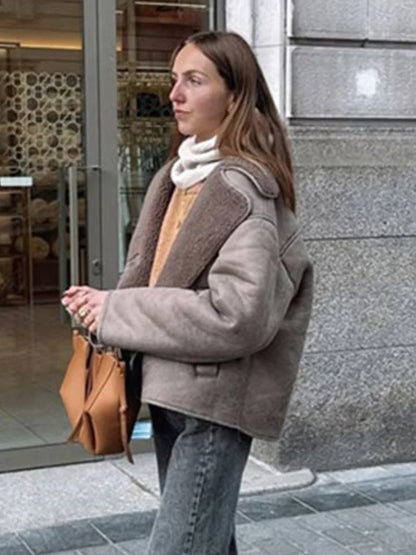 Elegant Lapel Women's Lamb Wool Splicing Suede Jacket Fashion Single Breasted Long Sleeve Thicken Warm Coat Lady Streetwear