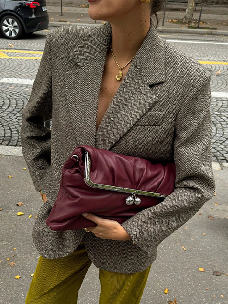 Herringbone Wool Tweed Women Suit Blazer New Single Breasted Lapel Jacket Autumn Winter Formal Fashion Coat Lady Outwears