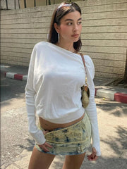 White Off-shoulder T-shirt Pollover For Women Loose Casual Short Top Party Club T-shirt Hot Girl Autumn New Long Sleeve