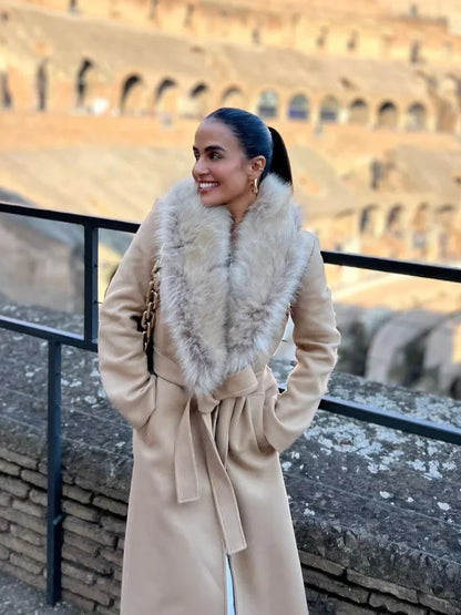 Women Faux Fur Patchwork Collar Woolen Belts Coat Button Up Pocket Casual Thicken Warm Outwear Female Winter Chic Jacket