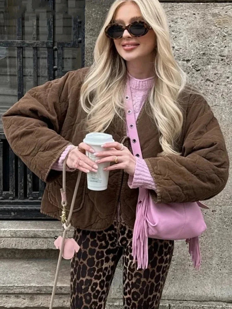 Brown Quilted Padded Suede Coat Women Long Sleeve Lace Up Cropped Jacket Autumn Winter Casual Lightweight New In Outerwears