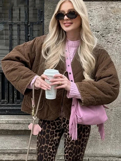 Brown Quilted Padded Suede Coat Women Long Sleeve Lace Up Cropped Jacket Autumn Winter Casual Lightweight New In Outerwears