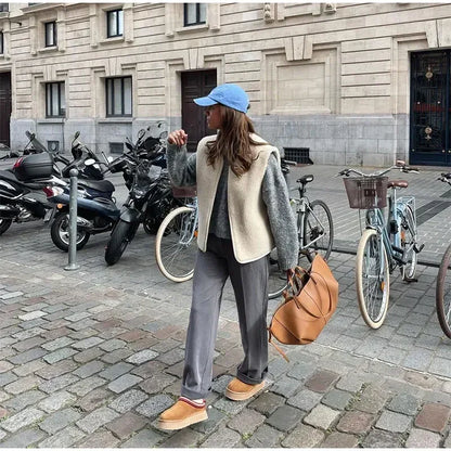 New Solid Lamb Wool Single Breasted Vest For Women Casual V Neck Sleeveless Warm Waistcoat Autumn High Street Outerwear Y2K