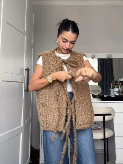 Bow Tied Vests Women Round Neck Short Casual Sleeveless Vest Jacket Woman Waistcoat Streetwear New Women Outerwear 2025 Spring