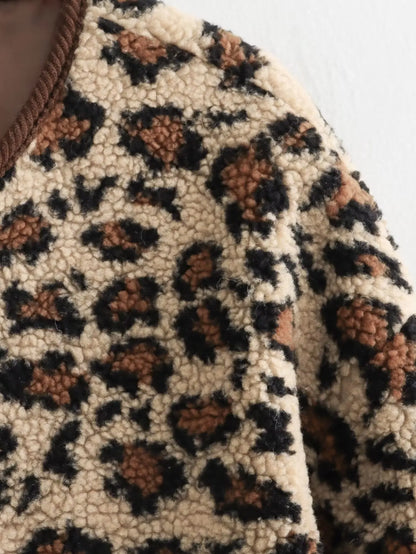 Women Fashion Jacket Winter Casual Ladies Commuter Leopard-print Lamb Wool Solid Jacket For Women's Outwears