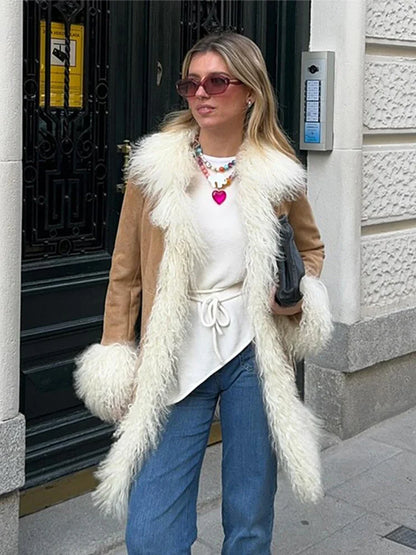 Vintage Furry Faux Fur Women Patchwork Coats Winter Long Sleeve Lapel Female Loose Jacket Casual Pockets Thick Warm Lady Outwear