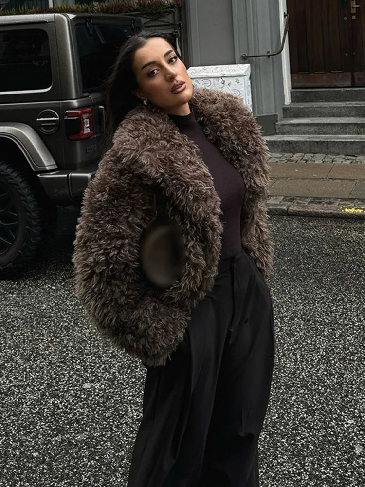 Elegant Winter Warm Fluffy Faux Fur Women's Solid Coat New Chic Lapel Long Sleeve Thick Furry Jacket Lady Thermal Outerwear