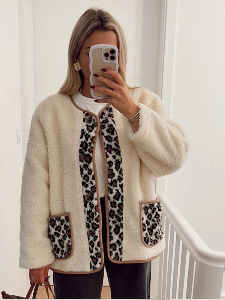Casual Leopard Print Patchwork Lamb Wool Coat For Women Fashion Buttons Down O-neck Pockets Jacket Winter Warm Lady Chic Outwear