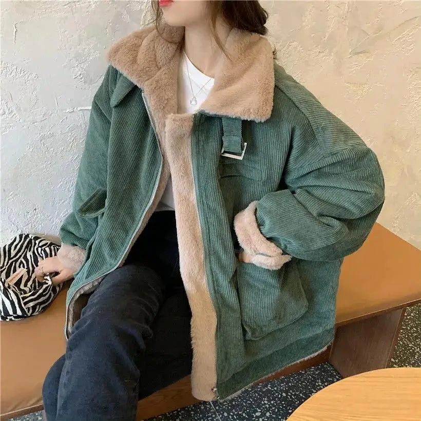 Plush Jacket Color Block Zipper Women'S Cotton Jacket Thickened Winter Warm Solid Color Jacket Long Sleeve Retro Jacket