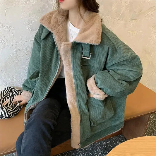 Plush Jacket Color Block Zipper Women'S Cotton Jacket Thickened Winter Warm Solid Color Jacket Long Sleeve Retro Jacket