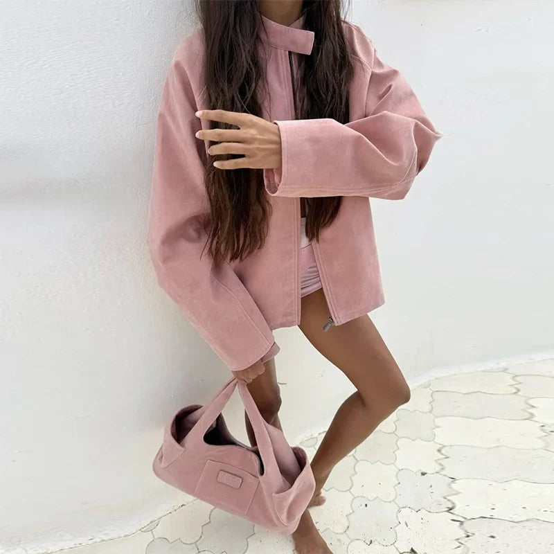 Elegant Suede Pink Jacket Women Loose Long Sleeve Zipper Stand Collar Button Female Jackets 2025 Autumn Street Outwear Lady New