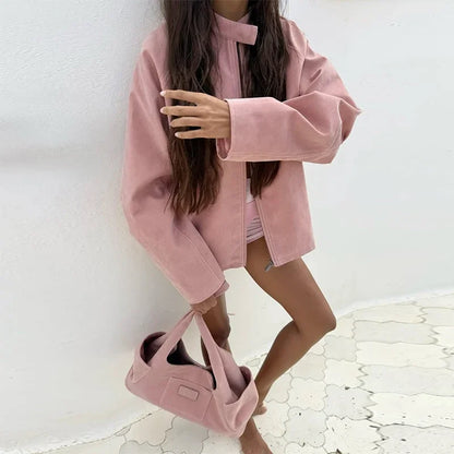 Elegant Suede Pink Jacket Women Loose Long Sleeve Zipper Stand Collar Button Female Jackets 2025 Autumn Street Outwear Lady New