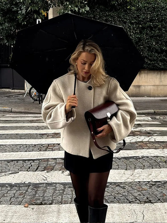Chic One Button O-neck Woolen Coats For Women Fashion Long Sleeve Cropped Oversized Jackets Lady High Street Outerwear New