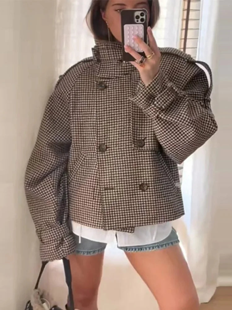Plaid Double Breasted Street Coat Women Drop-shoulder Long Sleeve Stand Collar Loose Pocket Casual Jacket 2025 Autumn Outwear