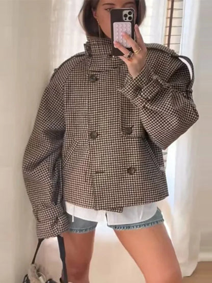Plaid Double Breasted Street Coat Women Drop-shoulder Long Sleeve Stand Collar Loose Pocket Casual Jacket 2025 Autumn Outwear