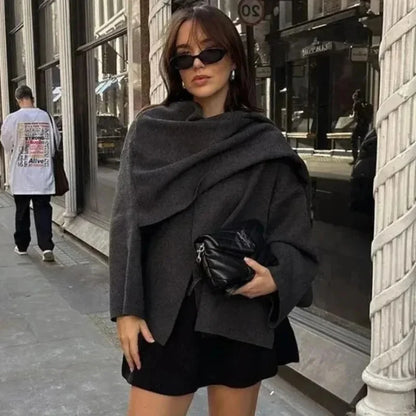 Fashion Asymmetric Scarf Knitted Jacket Women O Neck Single Button Side Slit Solid Loose Coat Winter New Female Chic Outerwear