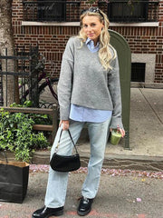 V-neck Pullover Woman Loose Short Autumn Winter Solid Zippers Women's Sweater Soft Casual Knitwear Lady All-match Long Sleeve