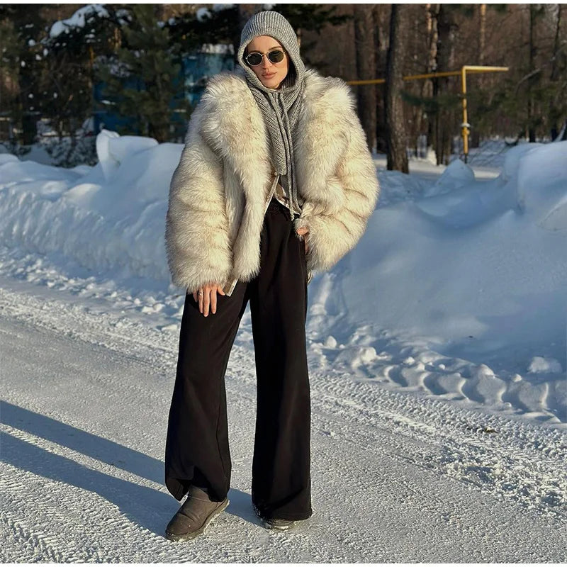 Furffy Thicken Jackets Women Faux Fur Loose Lapel Long Sleeves Warm Coats Female Winter Fashion Solid Soft Outwears Lady