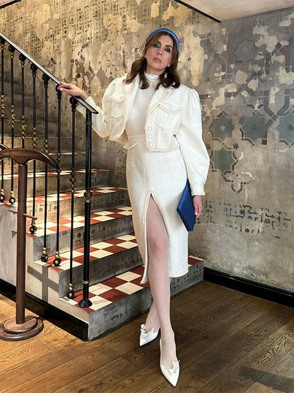Elegant Tweed Lapel Jacket Shorts Set Women Retro Loose Short Coat Slit Slim Long Skirts Sets Lady New Chic Street Office Outfit