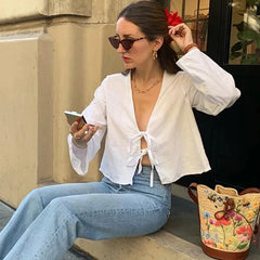 Lace Up Top Summer Quick Drying V Neck Shirt Sexy Bow Flared Sleeves Hollow Out Long Shirt Spring Autumn Women Clothing