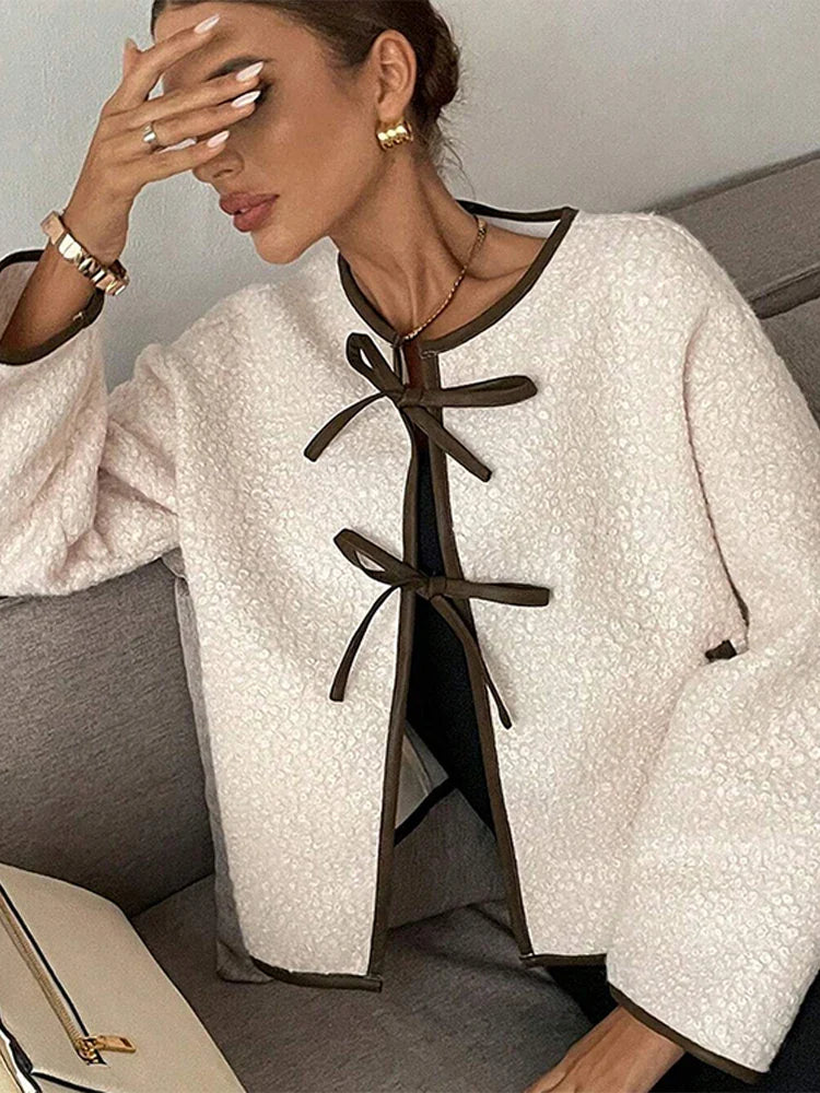 Elegant Women's Lamb Wool Cropped Cardigans Round Neck Lace-Up Long Sleeve Pocket Short Jackets 2024 Autumn New In Outerwears