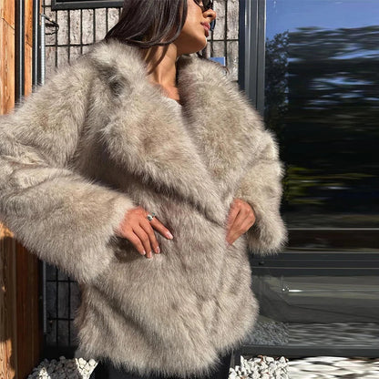 Furffy Thicken Jackets Women Faux Fur Loose Lapel Long Sleeves Warm Coats Female Winter Fashion Solid Soft Outwears Lady