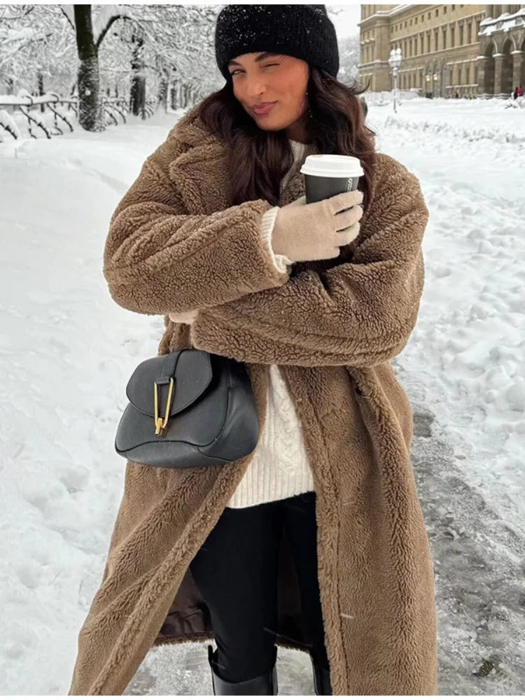 Thicken Warm Outwear Women Furry Double Breasted Loose Turn-down Collar Casual Long Coat Female Winter Chic Jackets