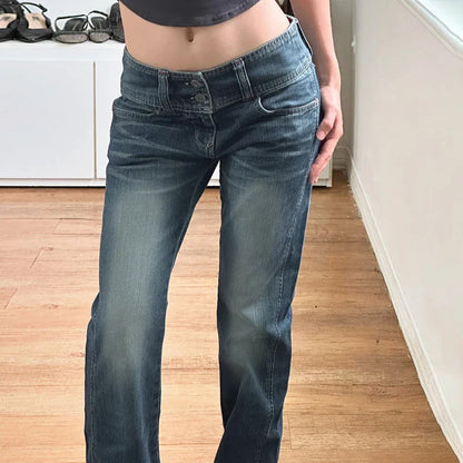 Y2K Low Waist Flare Jeans Vintage High Street Casual Denim Trousers Korean Fashion Slim Lady Trumpet Pants Spring