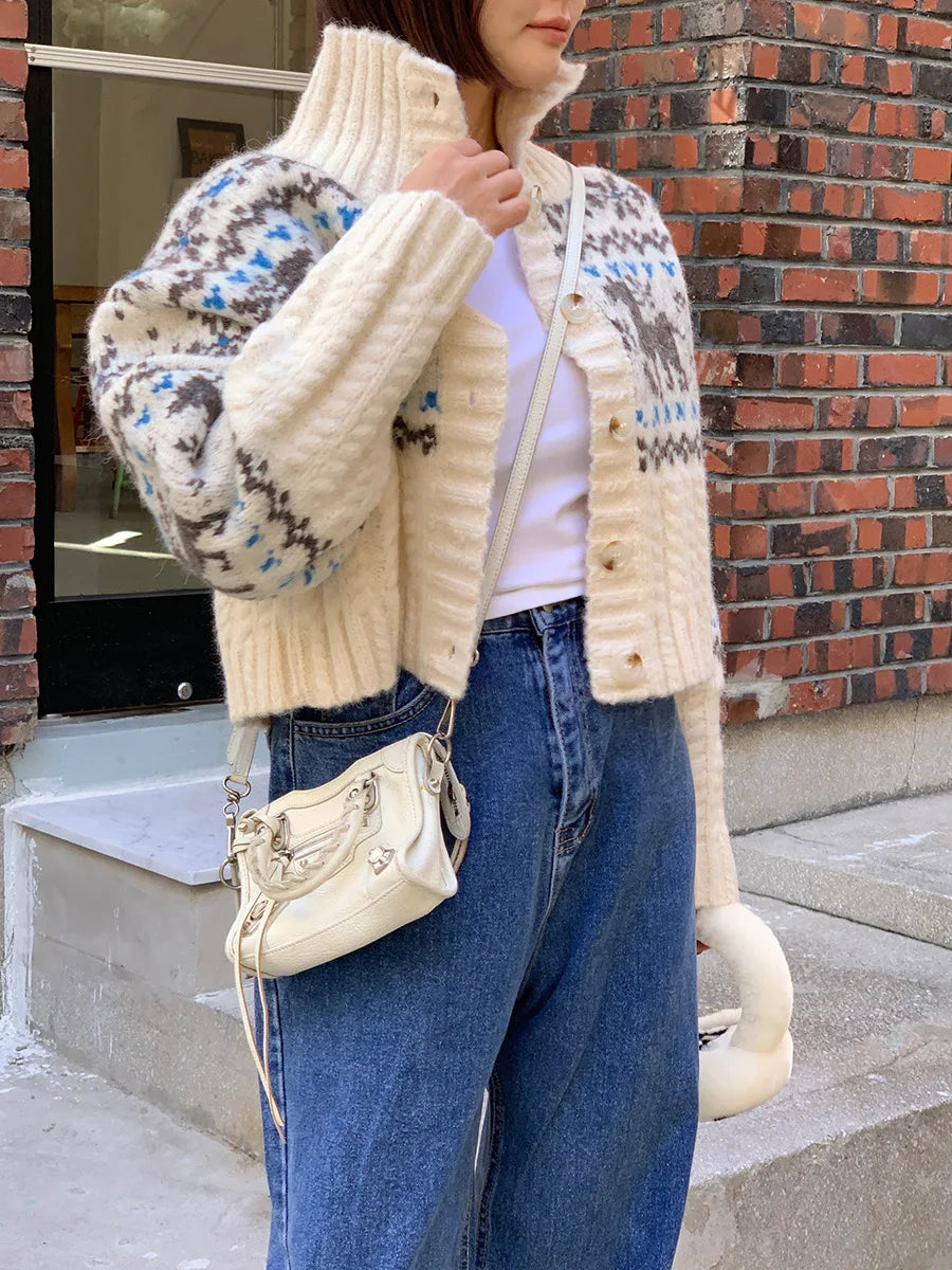 Retro Gentle Style Stand Collar Single Breasted Christmas Knitted Top Elk Jacquard Long Sleeve Sweater Jacket Cropped Cardigan