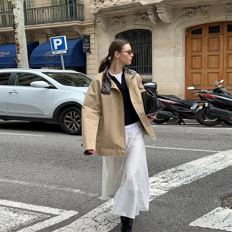 Leather Collar Cargo Jacket Button Down Plaid Pattern Patchwork Jackets Vintage Contrast Color Trench Coat Loose Casual Outwear