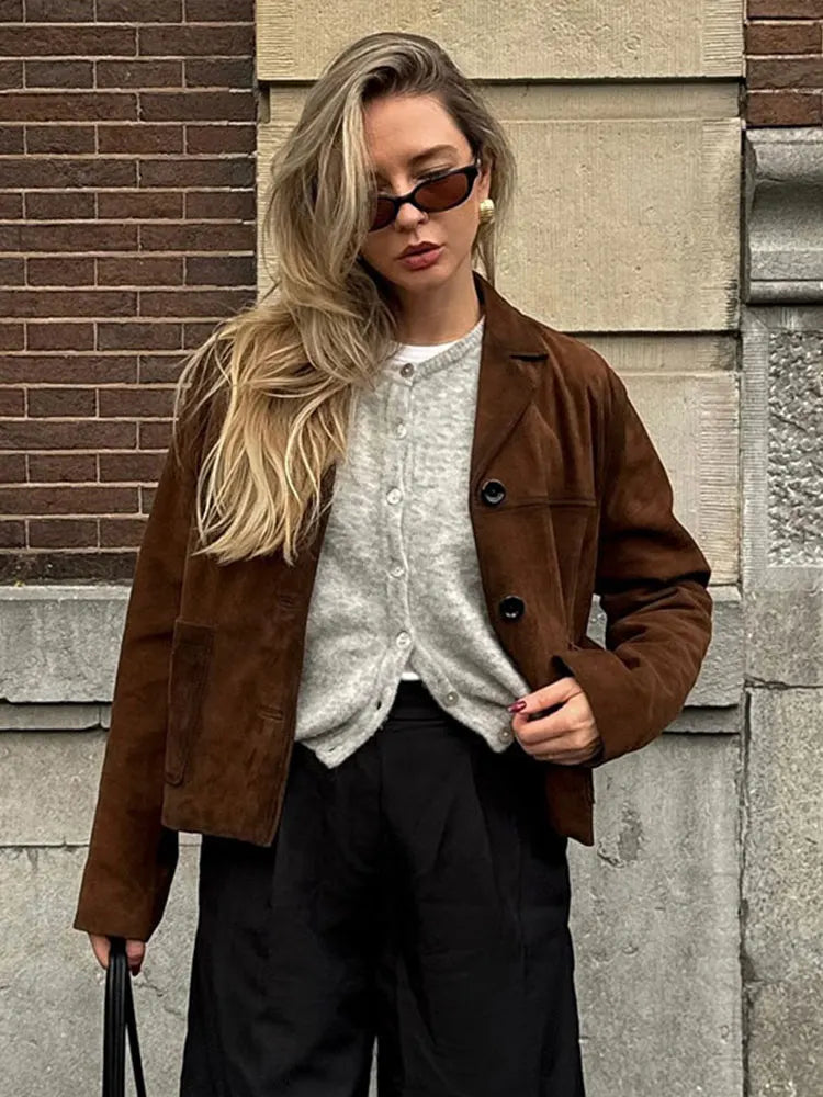 Retro Suede Female Blazer Jacket Chic Lapel Single Breasted Long Sleeve Lady Short Coat Autumn Winter Pockets Lady Outwear